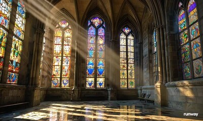 Sunlight streams through jewel-toned stained glass in a Gothic cathedral, casting vibrant biblical scenes onto ancient stone floors and fluted pillars, with dust motes drifting under vaulted arches. - Powered by Adobe