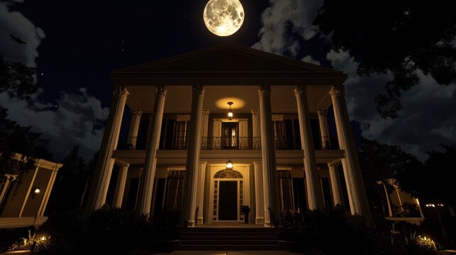 Grand Colonial Mansion Underneath a Bright Moon - Powered by Adobe