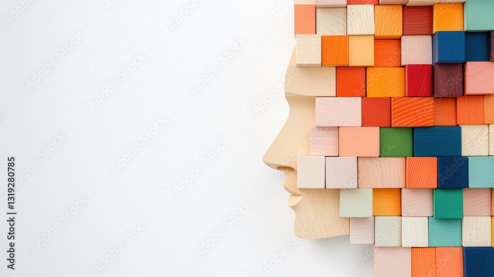 Poster a colorful abstract representation of a face made from assorted blocks, showcasing creativity and ar