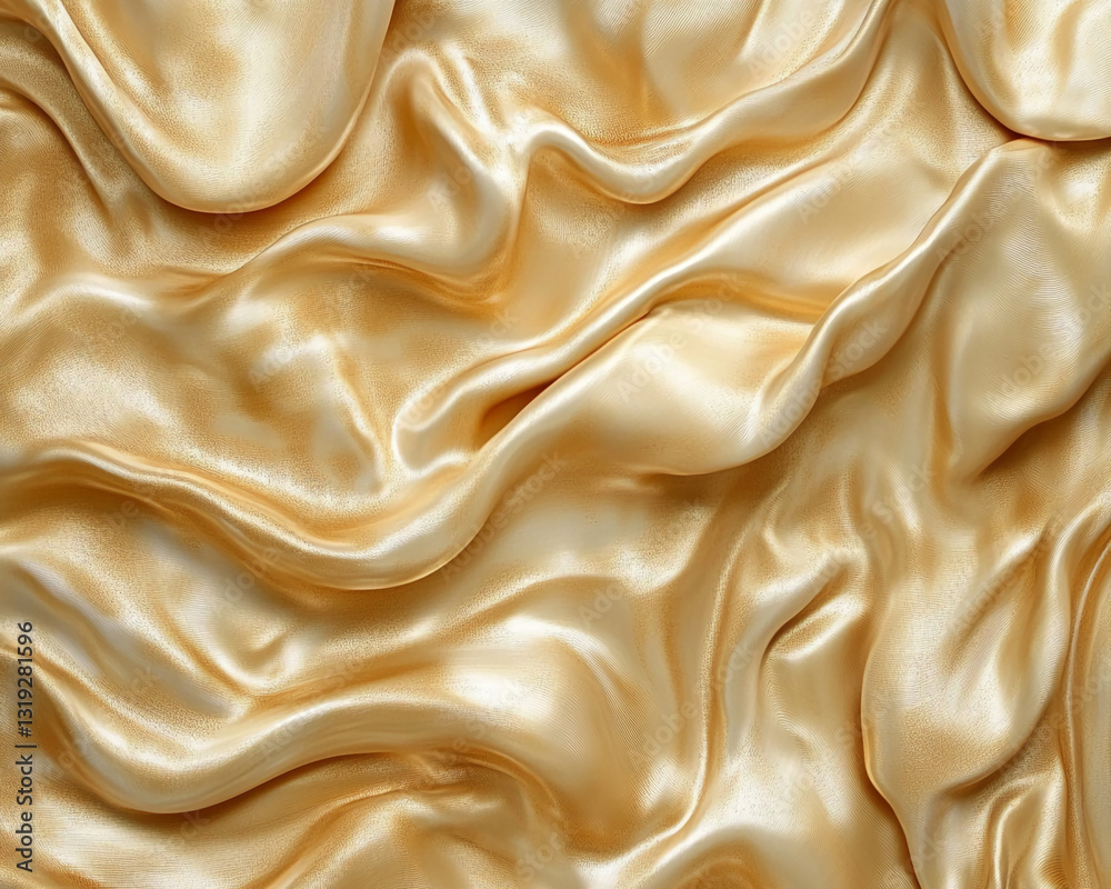 Poster Golden satin fabric texture, soft folds and ripples create a luxurious and elegant appearance, ideal for background or design element