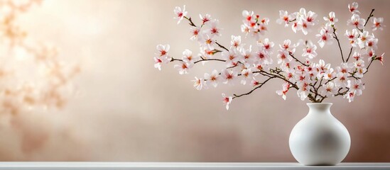 A serene still life of blooming cherry blossoms in a white vase, perfect for spring themes, Mother's Day cards, spa promotions, and minimalist designs.