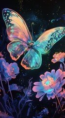 Luminous Butterfly Amongst Glowing Flowers In The Night