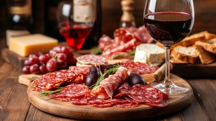 An inviting assortment of cured meats, cheeses, and fresh grapes is elegantly arranged on a wooden platter, complemented by a glass of rich red wine. Enjoy the perfect evening spread