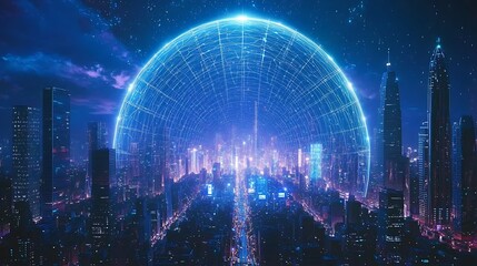 Fototapeta premium Futuristic city skyline enveloped by a digital sphere