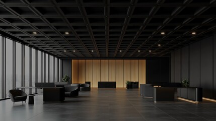 Modern luxury office lobby with black walls, wood paneling, and sleek furniture.