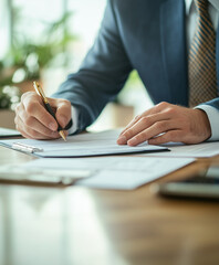 professional man in suit is signing documents at desk, showcasing focused and serious demeanor. setting is bright and organized, reflecting business environment