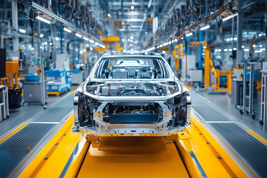 Fototapeta Modern car manufacturing facility showcasing assembly line with partially assembled vehicle. high tech environment features advanced machinery and organized workstations, emphasizing efficiency