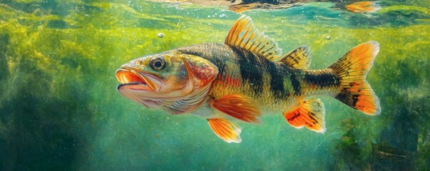 Naklejka premium A colorful striped fish swims underwater near green aquatic plants