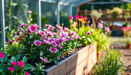 Fototapeta premium Vibrant Pink Flowers Blooming in a Sunlit Greenhouse Garden with Lush Vegetation Background