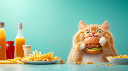 A fluffy orange cat with wide eyes eagerly holds a large hamburger, surrounded by fries and condiments in a vibrant diner environment