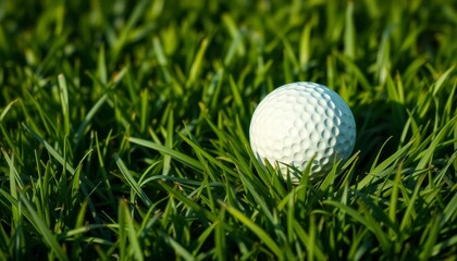 Fototapeta premium A single golf ball nestled in vibrant green grass, a symbol of relaxation and the pursuit of a perfect game.