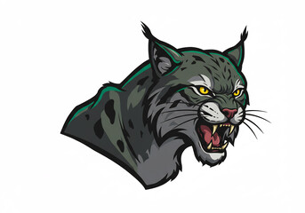 Aggressive Bobcat Portrait Dark Gray Fur, Yellow Eyes, Open Mouth, White Background