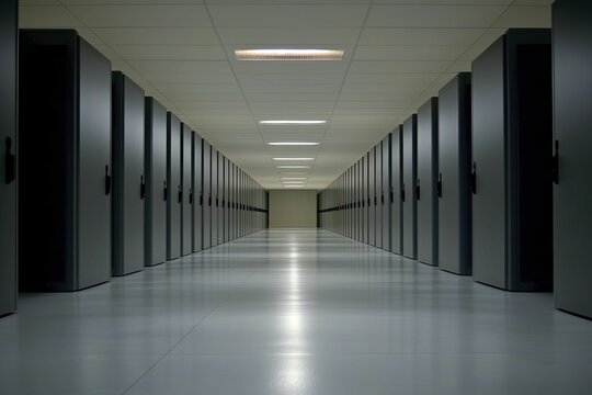 Clean image of secure server room with glowing lights, highlighting critical role of safeguarding healthcare networks.