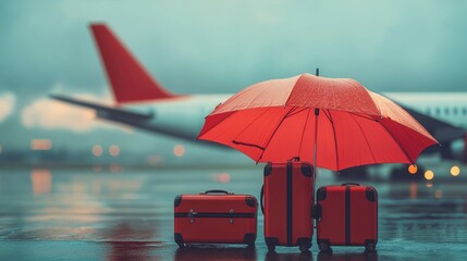 Red Umbrella and Luggage on Rainy Airport Tarmac with Airplane Background