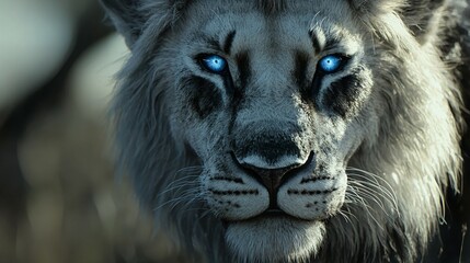 Majestic black-and-white lion with piercing blue eyes, a symbol of rare beauty and untamed wilderness.