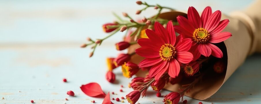 Bundle of dried red wildflowers tied with twine in a paper package, dried flowers, embellishment, natural