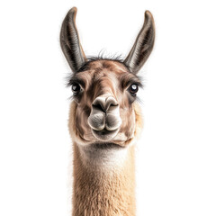 Friendly Llama Portrait: Captivating studio portrait of a llama, its endearing face and expressive eyes looking directly at the camera.