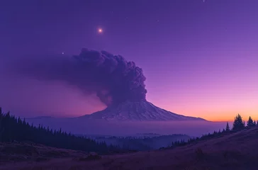 Fototapete Rund Erupting Mountain at Dusk: Captivating view of an erupting mountain under a vibrant purple sky at dusk, showcasing the raw power of nature amidst a serene landscape with touches of trees. © GS-Studio
