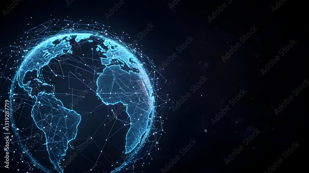 Poster rotating blue earth globe glowing digital network of connected dots and lines on dark background wit