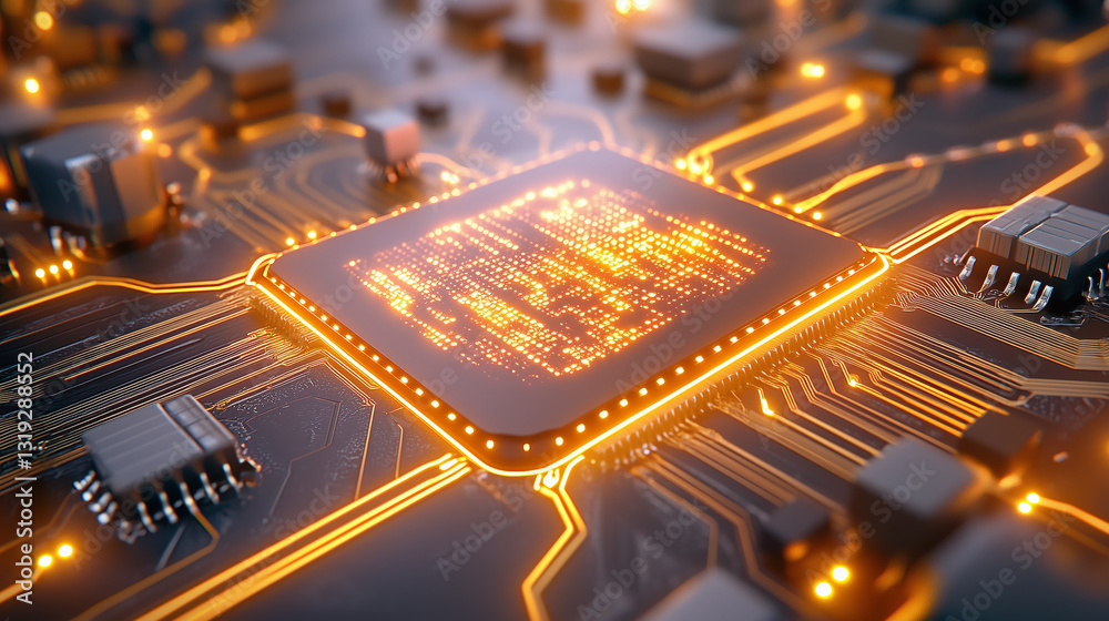 Poster close-up view of a modern computer circuit board featuring a glowing central processor