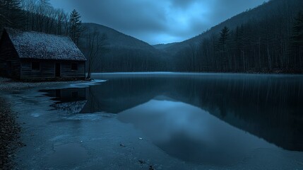 Frozen lake cabin at twilight