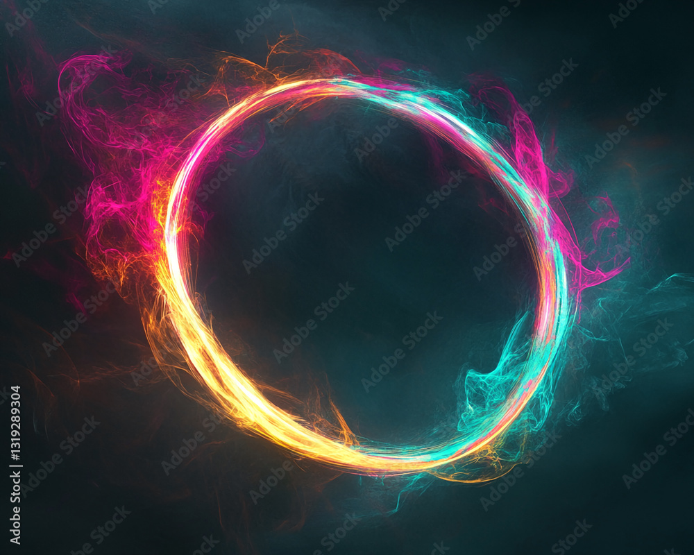 Aufkleber Luminous circular frame with teal and pink energy flows, creating a dynamic abstract design, ideal for a logo, banner, or presentation showcase
