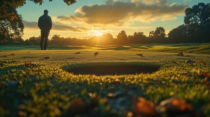 A golfer preparing to putt on a vibrant green golf course, with the sun shining in the background.