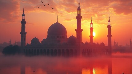 Naklejka premium Majestic mosque at sunrise over a tranquil lake