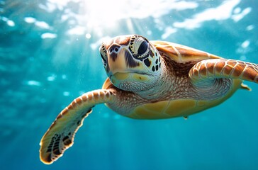Obraz premium Sea Turtle Underwater: A juvenile sea turtle gracefully glides through crystal-clear turquoise water, sunlight filtering from above.