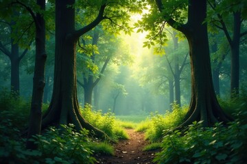 Dense foliage obstructs sunlight, casting dappled shadows on forest floor, calm environment, dense foliage