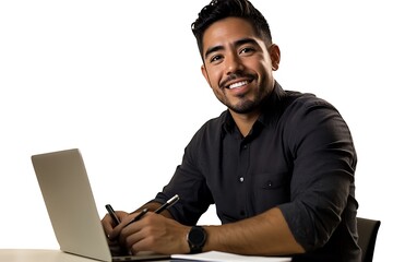 Smiling Hispanic Businessman Working on a Laptop at the Office
