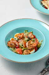 Minimalist Composition of Classic Caesar Salad with Shrimp on Textured Background
