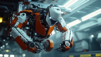 Fototapeta premium Futuristic robot in a high-tech factory setting. Complex articulated limbs, vibrant orange and white color scheme, advanced technology