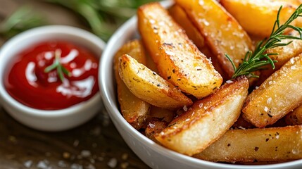 Crispy Homemade Potato Wedges with Ketchup on Wooden Table