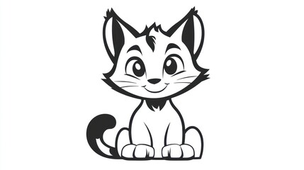 Obraz premium Cartoon cat, sitting, simple, black and white, cute, digital art