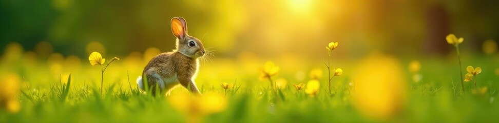 Gentle breeze rustles the leaves as the bunny hops through a meadow of golden hues, green grass, leafy