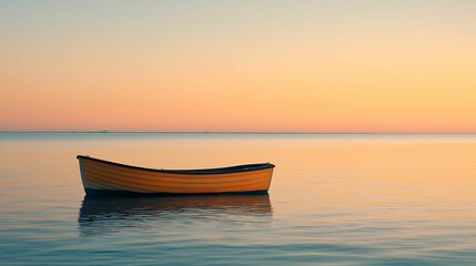 Serene boat on tranquil water at sunset.
