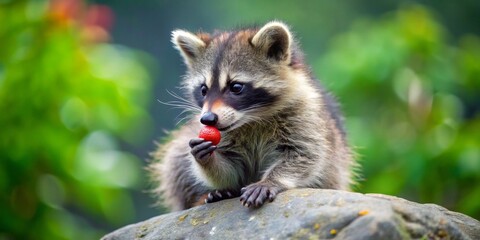 Obraz premium Adorable baby raccoon enjoying a delicious red berry while perched on a rock in a lush green environment