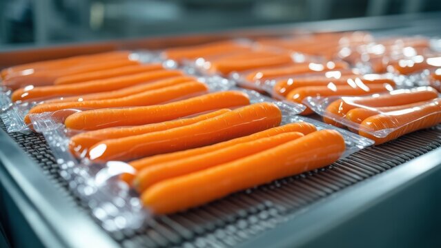 Washed carrots in vacuum packaging, ensuring long-lasting freshness and protection, suitable for modern kitchens and commercial use, emphasizing hygiene and quality