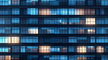 Dark Blue City Building Facade With Illuminated Windows At Night Time