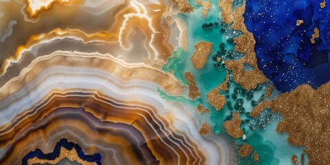 Fototapeta premium Striking agate texture with brown, teal, and navy hues accentuated with glittering gold