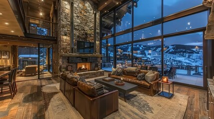 Luxury Mountain Lodge Living Room with Stunning Night View