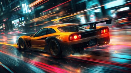 Fototapeta premium Dynamic Racing Car in Neon Cityscape at Nighttime