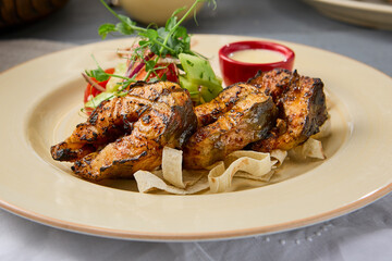 Grilled Trout Shashlik with Fresh Vegetables - Vibrant Culinary Delight in Rustic Style