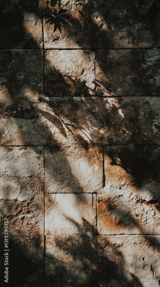 Poster Sunlight filters through leaves, casting intricate shadows on the weathered stone wall. Natural textures and patterns create a serene atmosphere, blending earth and light in harmony