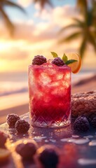 frozen blackberry margarita daquiri blended cocktail in a glass at a bar on the beach