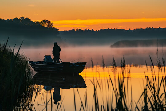 A solitary fisherman in a small boat casts a line on a misty lake at sunrise. The orange sky reflects on the calm water, creating a serene and peaceful atmosphere in the surrounding nature.