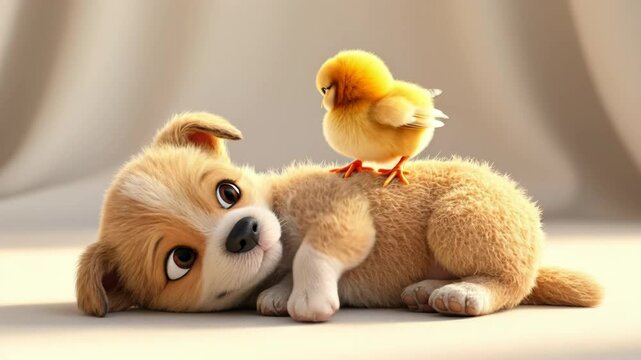 Adorable Puppy and Chick: A Heartwarming Scene of Friendship and Comfort
