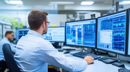 Fototapeta premium Focused Professional Analyzing Data on Multiple Computer Screens