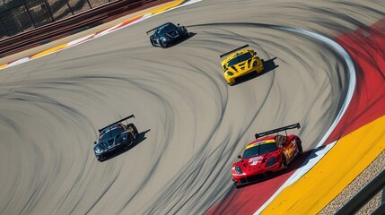 Four Racing Cars on Dynamic Track Turn at Speed in a Motorsport Event